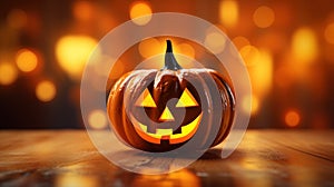 Halloween glowing pumpkin decorations. Holiday Halloween concept with bokeh orange background. Jack-o\'-lantern symbol