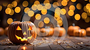 Halloween glowing pumpkin decorations. Holiday Halloween concept with bokeh orange background. Jack-o\'-lantern symbol