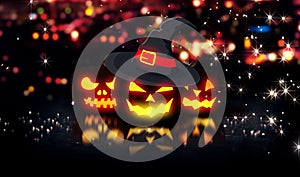 Halloween Glowing Pumpkins Night City Bokeh Background 3D