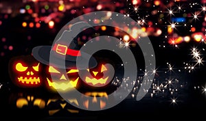 Halloween Glowing Three Pumpkins Night City Bokeh Background 3D