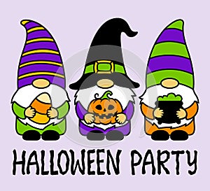 Halloween gnomes with pumpkin, candy corn,pot. Cute cartoon characters. Holidays greeting card