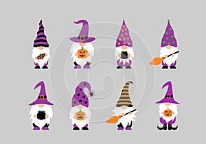 Halloween Gnomes. Set of cute cartoon characters. Vector template for typography poster, greeting card, banner, sticker