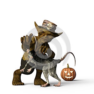 Halloween Goblin with Monster Rat and Pumpkin, 3D Illustration