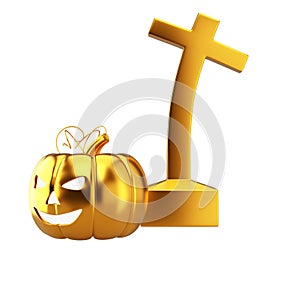 Halloween golden pumpkin jack o lantern with grave cross isolated on white background