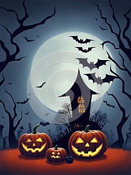 halloween graphics house at night bats and jack-o\'-lantern