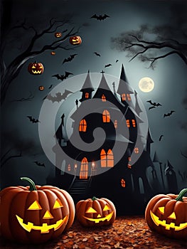 halloween graphics house at night bats and jack-o\'-lantern