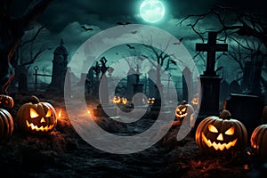 Halloween graveyard at night with pumpkins with glowing eyes, graves and tombstones