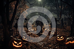 Halloween graveyard at night with pumpkins with glowing eyes, graves and tombstones