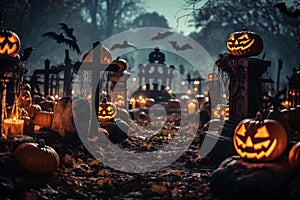 Halloween graveyard at night with pumpkins with glowing eyes, graves and tombstones