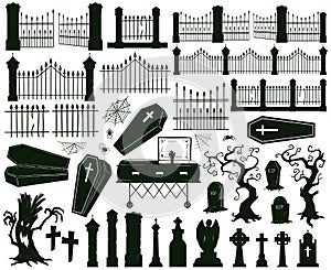 Halloween graveyard silhouettes. Creepy gravestones, tombstones and scary fences vector illustration set. Halloween