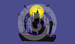 Halloween at graveyard with spooky night in haunted graveyard and bats fly on night background