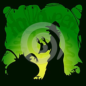 Halloween green background with demon and witch