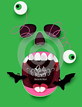 Halloween green background with paper bats,skull face with jumped out eyes. photo
