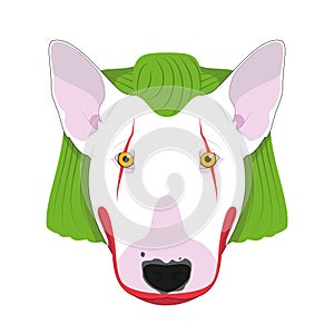 Halloween greeting card. Bull Terrier dog dressed as a scary clown