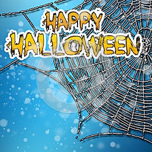 Halloween greeting card with cobwebs, on a blue background with bokeh elements. Decoration for poster, banner, flyer design.