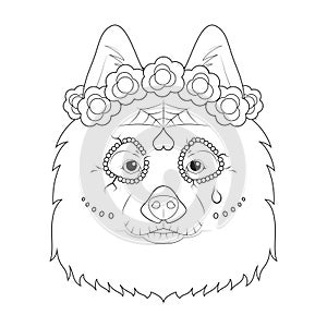 Halloween greeting card for coloring. Samoyed dog dressed as a Mexican skull with red flowers on his head photo