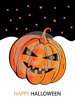 Halloween greeting card in . Cute doodles for Halloween Party with fun and scary orange pumpkin and night sky with stars and