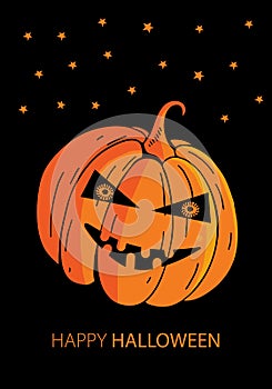 Halloween greeting card in . Cute doodles for Halloween Party with fun and scary orange pumpkin and night sky with stars and