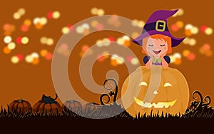 Halloween greeting card. Cute little witch, Jack-`o-lantern and black cat in pumpkin garden at night with beautiful bokeh