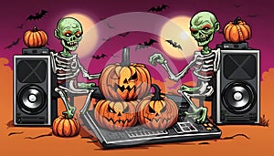 Halloween greeting card design with two zombie DJ, pumpkins and speakers