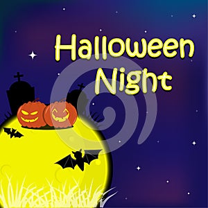 Halloween greeting card have moon, pumpkins, grave stone, and bat on night sky.