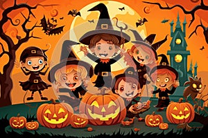 Halloween greeting card with kids, pumpkins and scary house