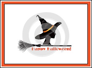 Halloween greeting card with lettering Happy Halloween and witch girl portrait in hat and bats silhouettes