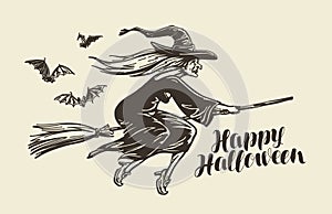 Halloween, greeting card. Old witch flies on broomstick. Vintage sketch vector illustration