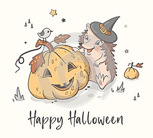 Halloween greeting card with pumpkin and hedgehog