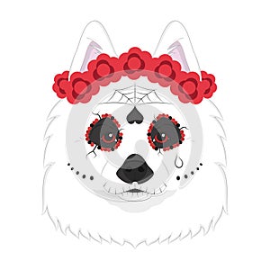 Halloween greeting card. Samoyed dog dressed as a Mexican skull with red flowers on his head photo