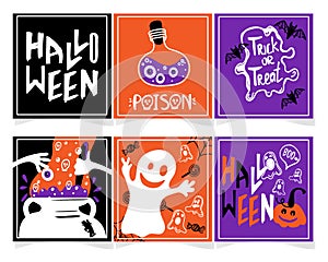 Halloween greeting cards with handwritten text. A set of traditional characters, hand-drawn in doodle style. Poison in a