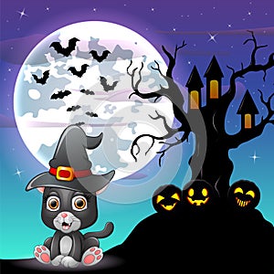 Halloween grey kitten wearing witches hat with tree house in front of full moon