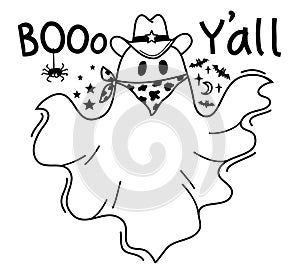 Halloween grost cowboy illustration. Vector hand drawn halloween cute ghost in cowboy hat and bandanna and Boo holiday text