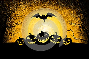 Halloween grunge banner background with flying bats and Jack o` lantern pumpkins