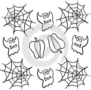 Halloween, halloween party, halloween costume, ghost.ghost, spider, spider web, pumpkin, black, white, orange, light green, purple