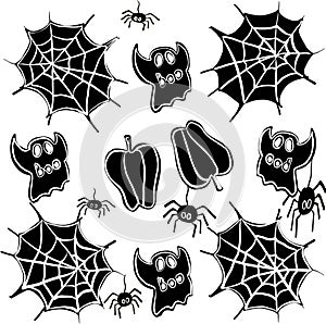 Halloween, halloween party, halloween costume, ghost.ghost, spider, spider web, pumpkin, black, white, orange, light green, purple