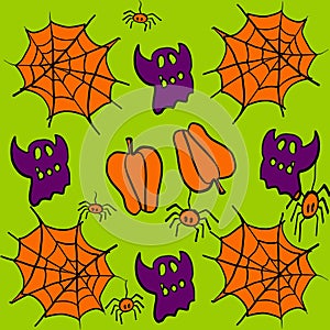 Halloween, halloween party, halloween costume, ghost.ghost, spider, spider web, pumpkin, black, white, orange, light green, purple