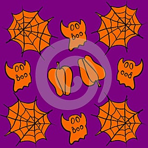 Halloween, halloween party, halloween costume, ghost.ghost, spider, spider web, pumpkin, black, white, orange, light green, purple