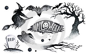 Halloween hand drawing black white graphic set icon, drawn Halloween symbols pumpkin, broom, bat, witches. Horror elements