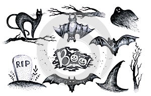 Halloween hand drawing black white graphic set icon, drawn Halloween symbols pumpkin, broom, bat, witches. Horror elements