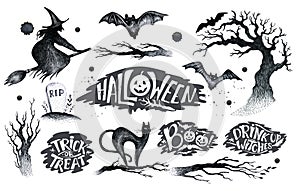 Halloween hand drawing black white graphic set icon, drawn Halloween symbols pumpkin, broom, bat, witches. Horror elements