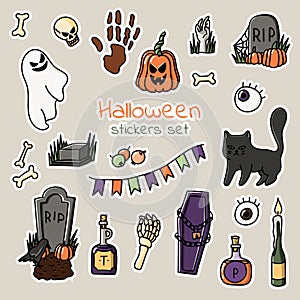 Halloween hand drawn doodle style stickers set. Cartoon holiday decoration