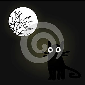 Halloween hand drawn night vector background with a funny black cat and shining spooky moon