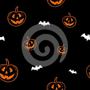 Halloween hand drawn seamless pattern on black background. Pumpkins and bats