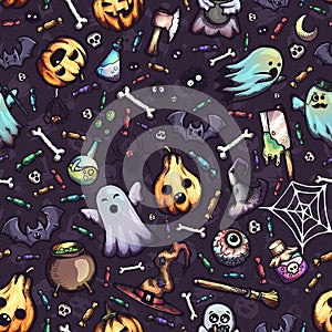 Halloween hand-drawn vector seamless pattern with cartoon doodles.