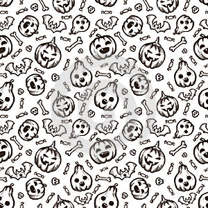 Halloween hand-drawn vector seamless pattern with cartoon doodles.