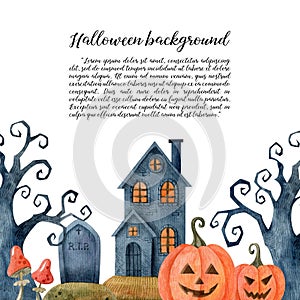 Halloween handmade watercolor background with traditional holiday symbols.