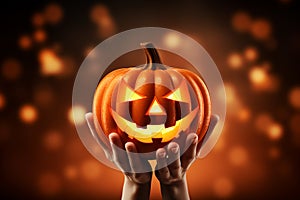 Halloween. Hands holding carved halloween pumpkin on background light bokeh