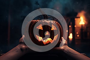 Halloween. Hands holding carved halloween pumpkin on background light bokeh