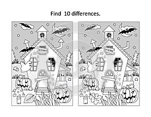 Halloween haunfed house find the differences picture puzzle and coloring page